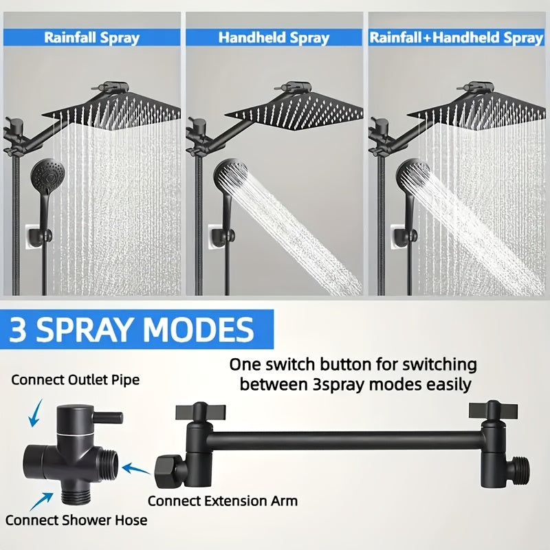 High-Pressure 8" Rainfall Shower Head Combo with Adjustable 11" Arm, 5-Setting Handheld Spray, Stainless Steel, Polished Finish - Includes Long Hose for Easy Installation