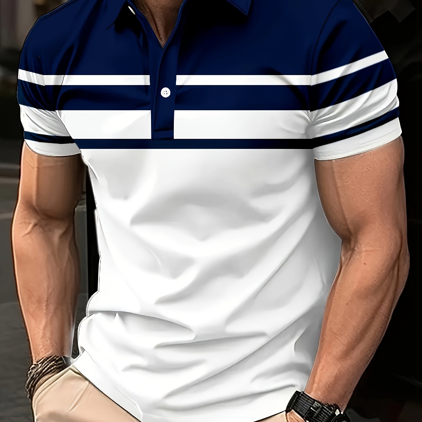 Men's Color Blocking Stripes Print Golf Shirt For Summer, Casual Stylish Short Sleeve Top As Gift