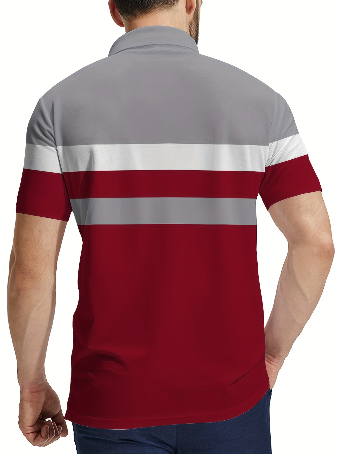 Men's Color Blocking Stripe Print Golf Shirt for Summer, Casual Stylish Short Sleeve Top As Gift