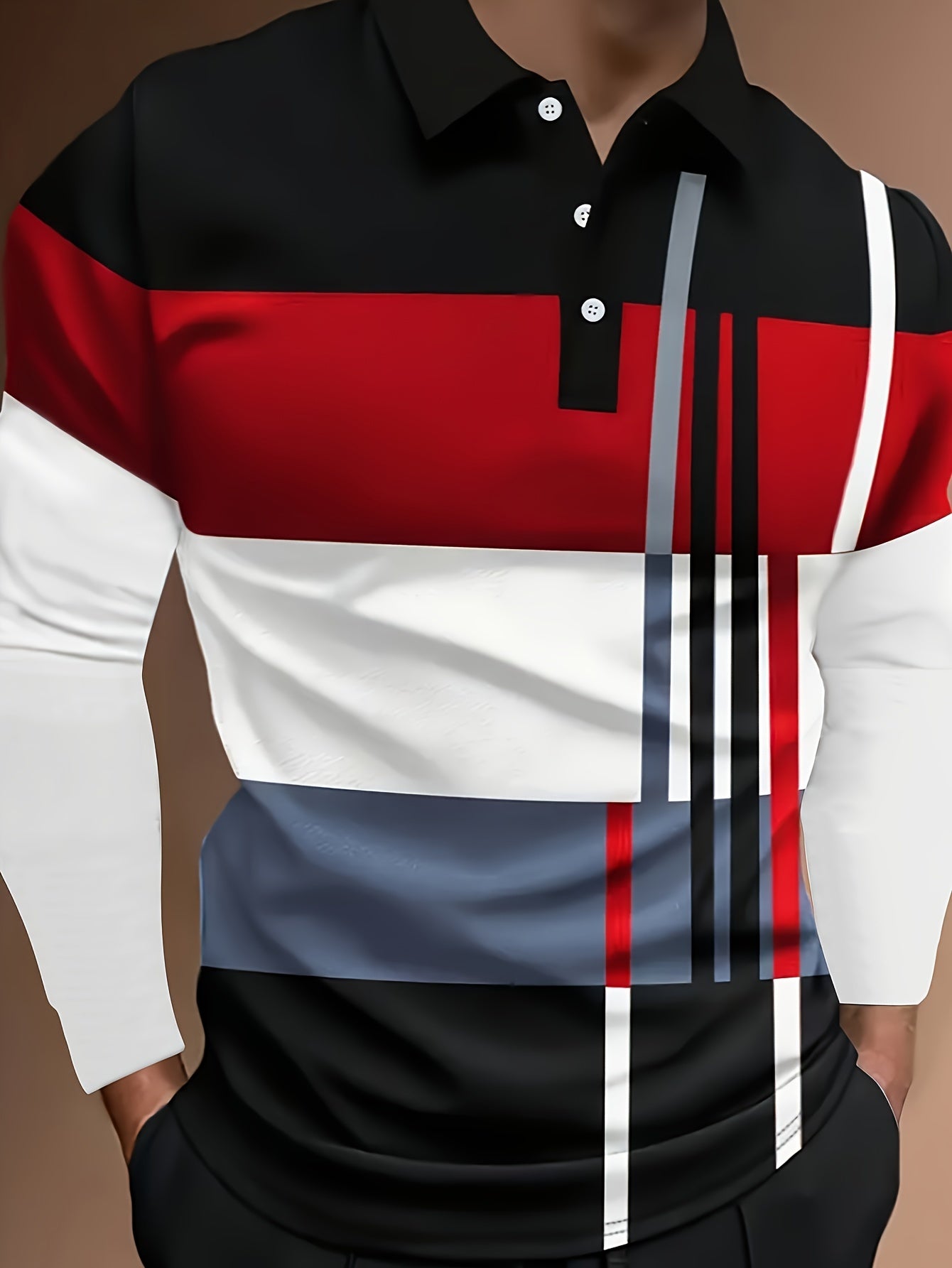 Men'S Casual Shirt, Color Blocked Design, Knit Fabric with Button Details, 100% Polyester, All-Season Wear,