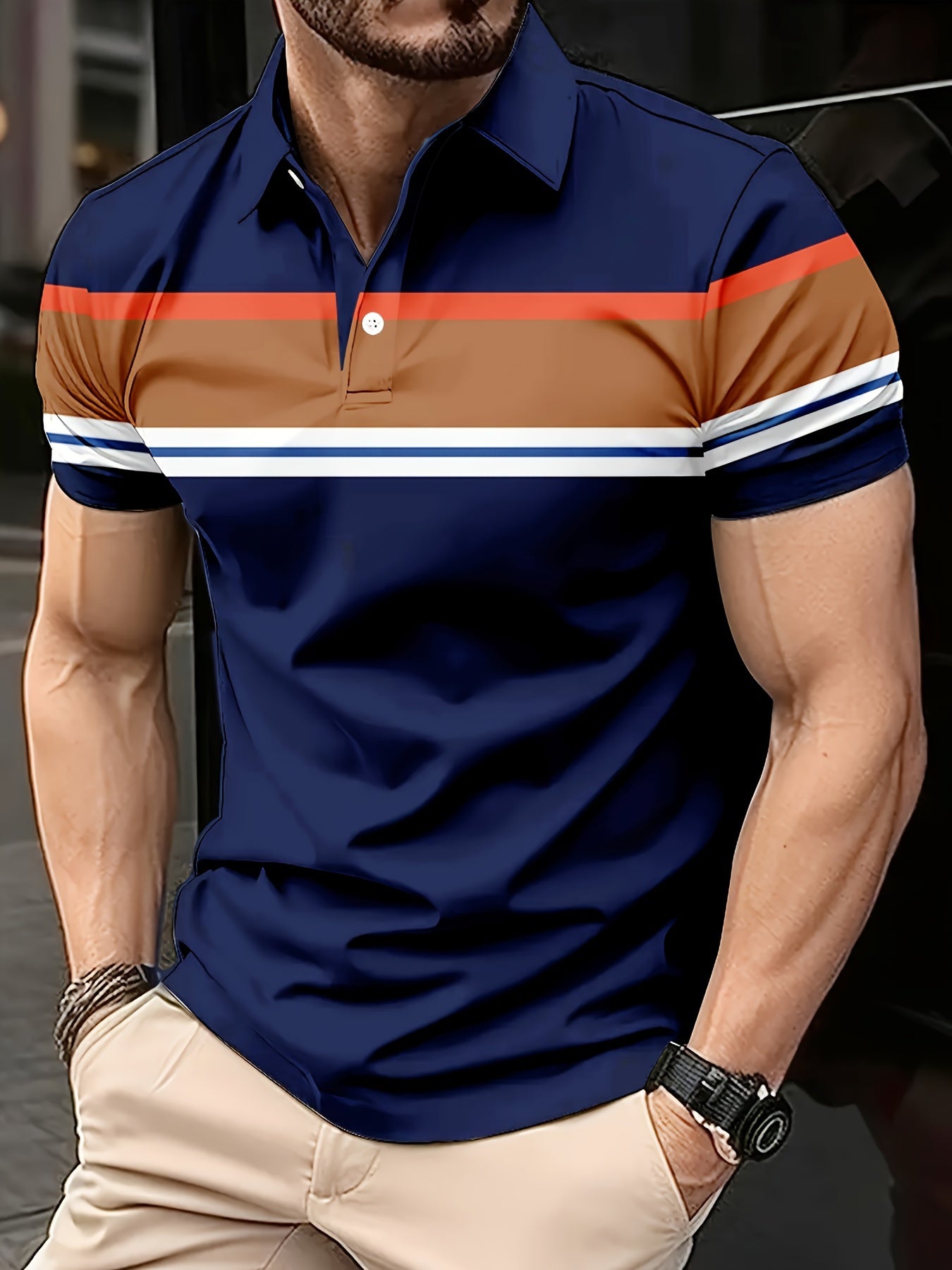 Men's Casual Striped Print Golf Shirt - Breathable Polyester, Short Sleeve with Button Detail, Perfect for Spring/Fall