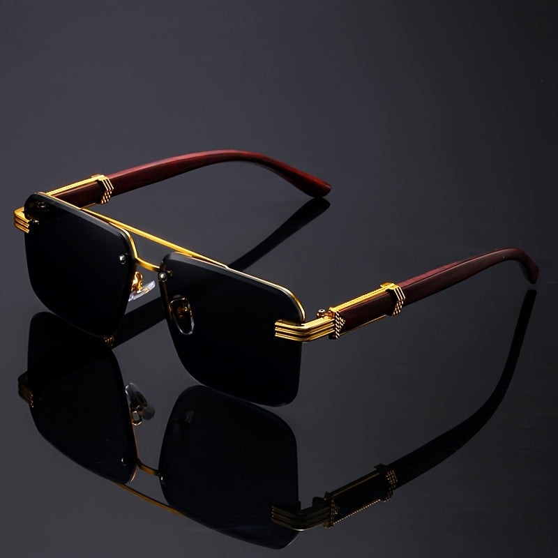 2pcs Vintage Rimless Fashion Glasses for Women, Classic Wooden Temple, Cool Concave Design