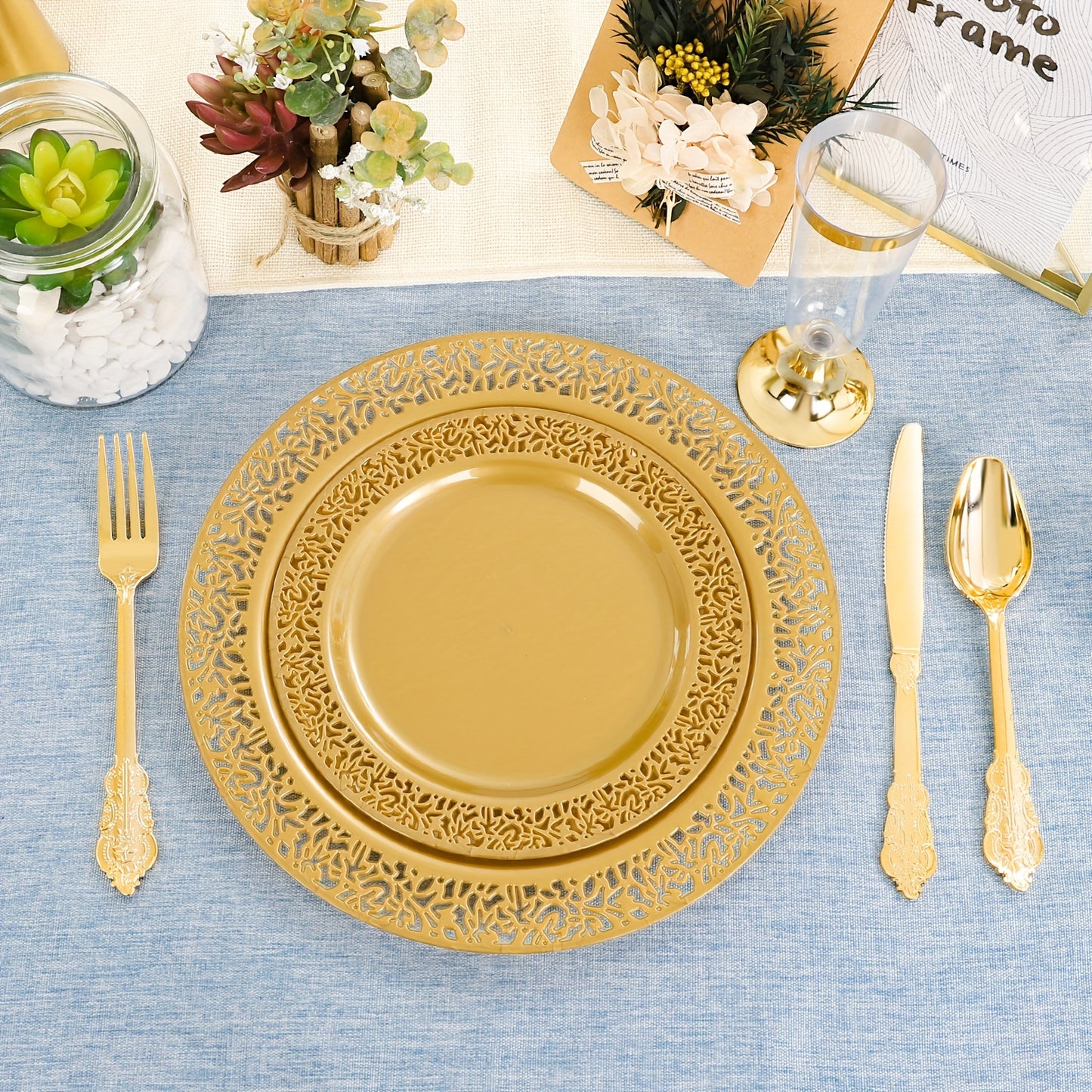 210 pcs Solid Golden Disposable Plates with Golden Plastic Silverware and Cups for Party,