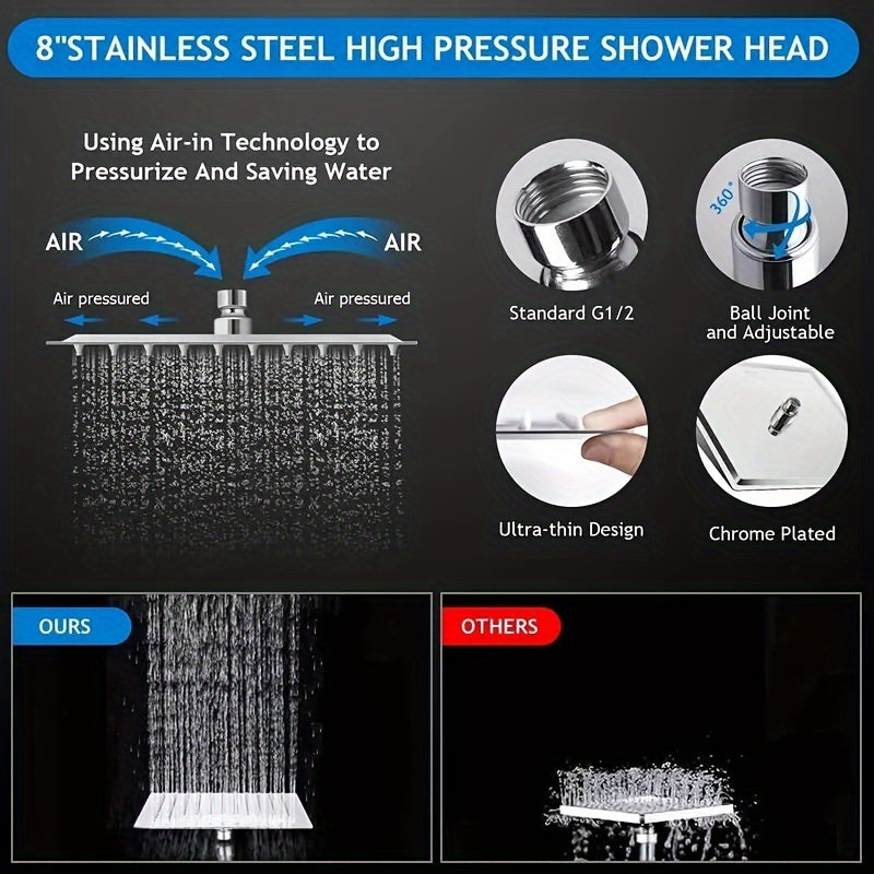 High-Pressure 8" Rainfall Shower Head Combo with Adjustable 11" Arm, 5-Setting Handheld Spray, Stainless Steel, Polished Finish - Includes Long Hose for Easy Installation