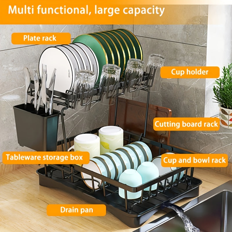 2-Tier Metal Dish Drying Rack with Self-Draining, Multifunctional Kitchen Counter Strainer