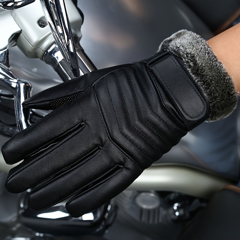 1 Pair Men'S Winter Gloves, for Snow, Skiing, Cycling, Black, Faux Leather, Unisex