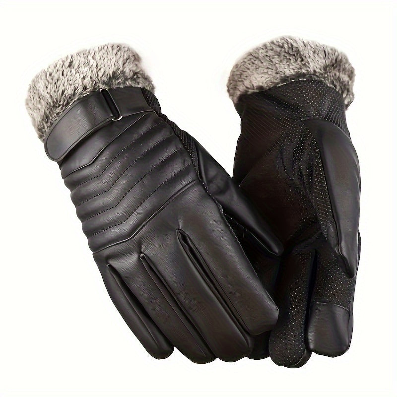 1 Pair Men'S Winter Gloves, for Snow, Skiing, Cycling, Black, Faux Leather, Unisex