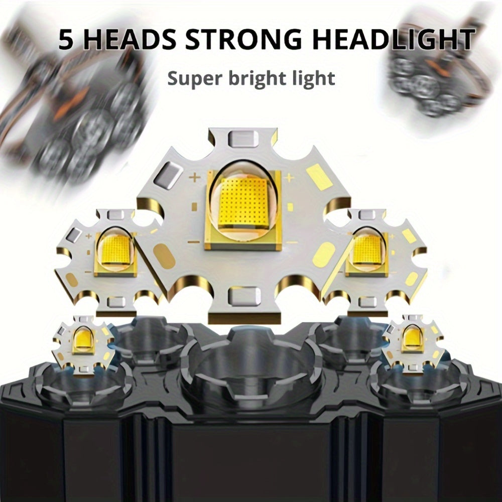 2pcs Multifunctional 5LED Headlight Head Mounted Flashlight Outdoor USB Charging Fishing Headlight Waterproof