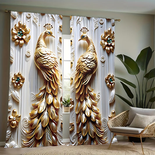 2pcs Set Golden Peacock & Floral Print Sheer Curtains - Lightweight Polyester for Living Room,