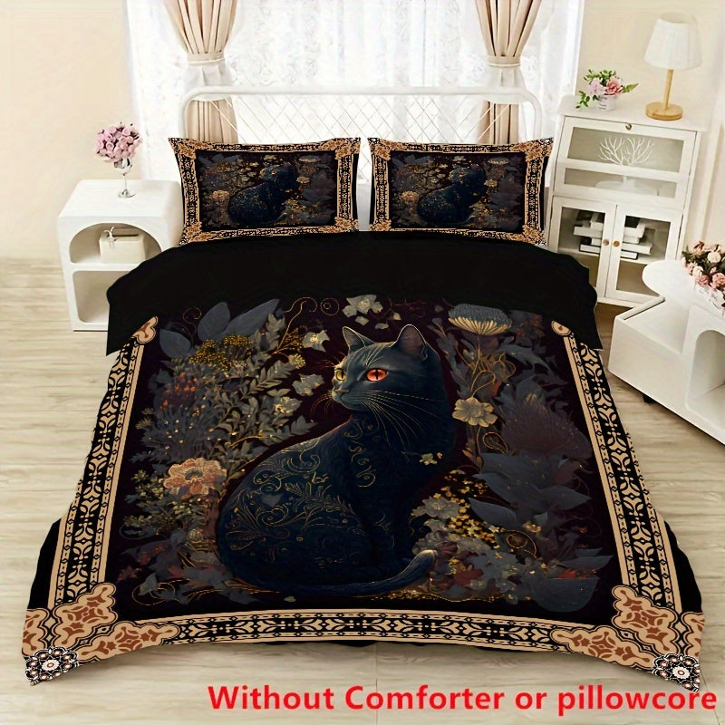 2/3pcs Bohemian Black Cat Print Duvet Cover Set (1 Duvet Cover + 1/，2 Pillowcase, Without Core), Soft Comfortable Bedding Set, for Bedroom,