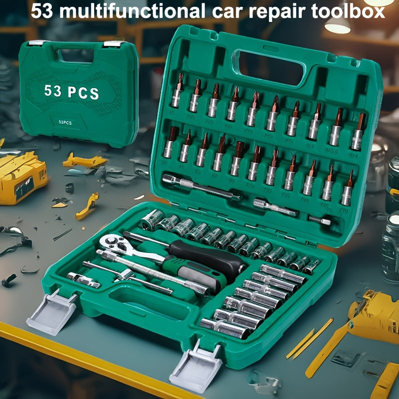 53pcs Multifunctional Auto Repair Tool Set - , With Storage Box, Including Ratchet Wrench, Screwdriver, Socket,