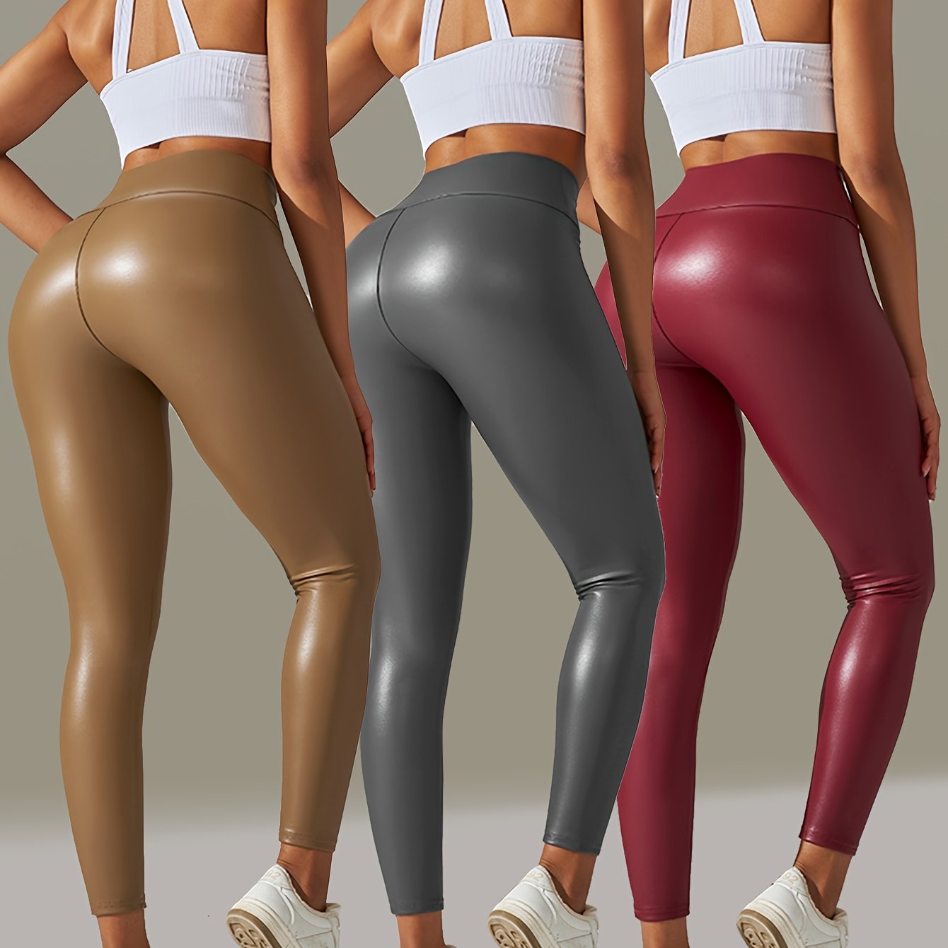 3pcs Of Big Size Faux Leather Pants Women'S Leggings High Waist Tight Sexy Color Yoga Pants Women