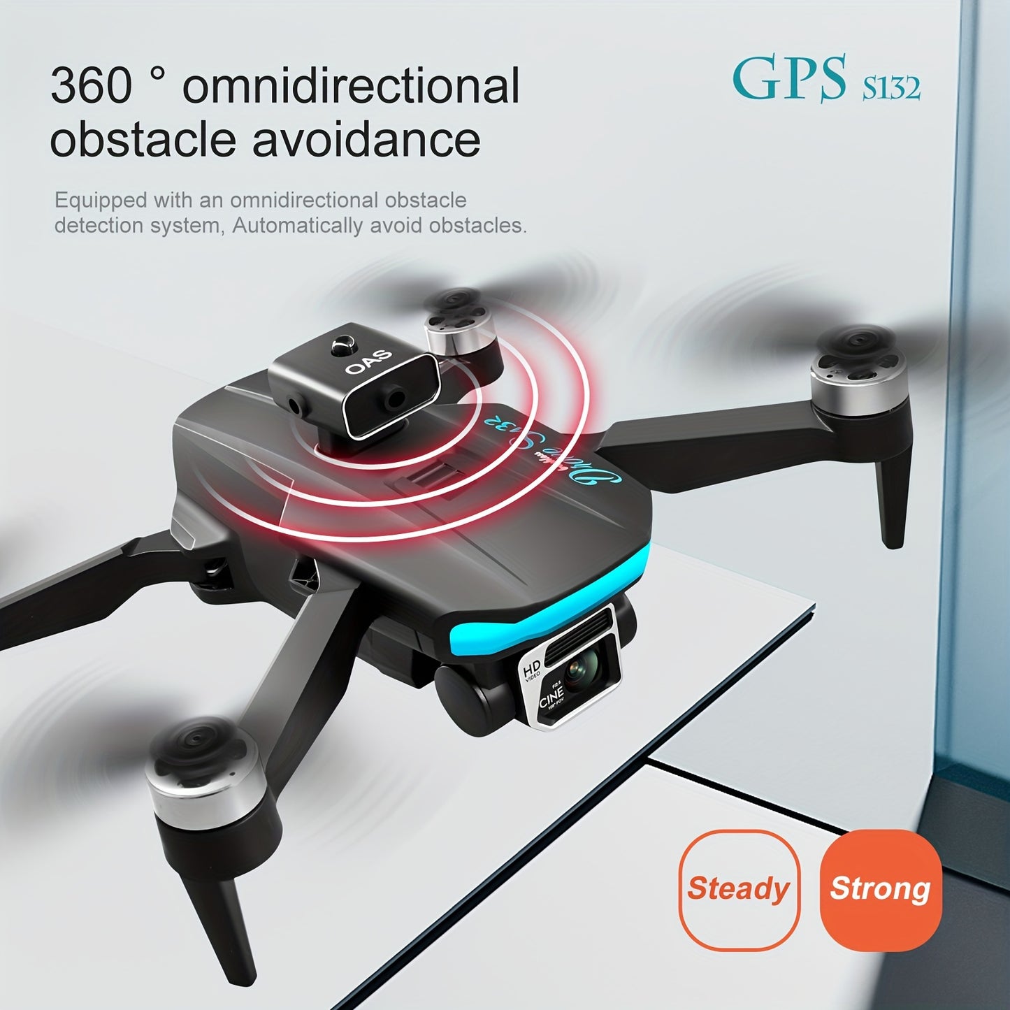 S132 GPS Quadcopter Drone with Dual HD Cameras, Brushless Motor, Optical Flow Positioning, Intelligent Obstacle Avoidance, One-Click Return, Wi-Fi Enabled, Rechargeable Battery