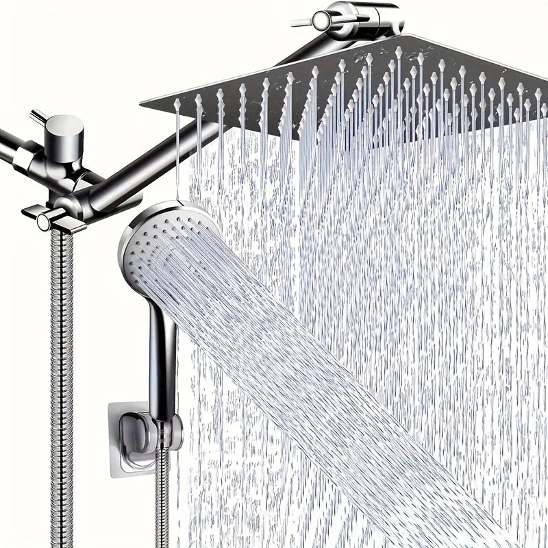 High-Pressure 8" Rainfall Shower Head Combo with Adjustable 11" Arm, 5-Setting Handheld Spray, Stainless Steel, Polished Finish - Includes Long Hose for Easy Installation