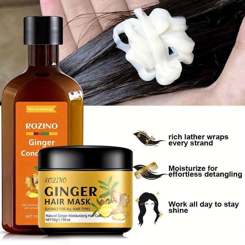 Ginger Hair Care Set, including shampoo, conditioner, shampoo soap, hair mask and essential oil, provides a comprehensive hair care solution,