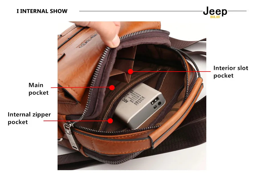 JEEP BULUO Multi-function Business Handbags Men Shoulder Bag Large Capacity Leather Messenger Bag Crossbody Big Brand