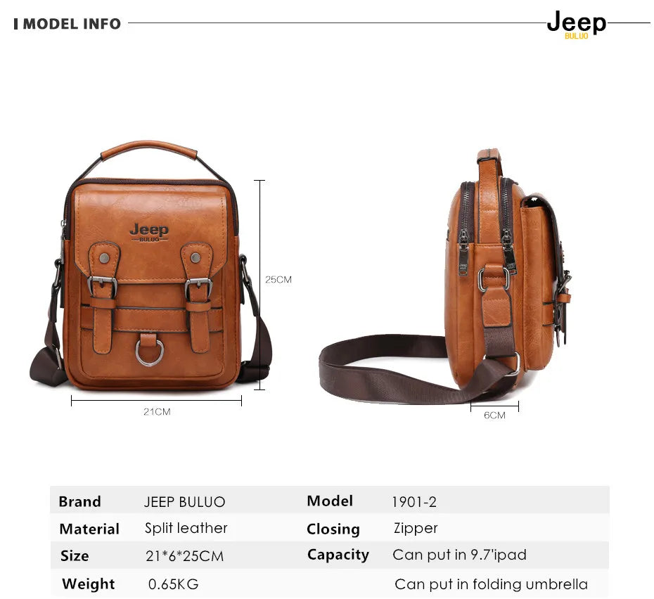 JEEP BULUO Multi-function Business Handbags Men Shoulder Bag Large Capacity Leather Messenger Bag Crossbody Big Brand