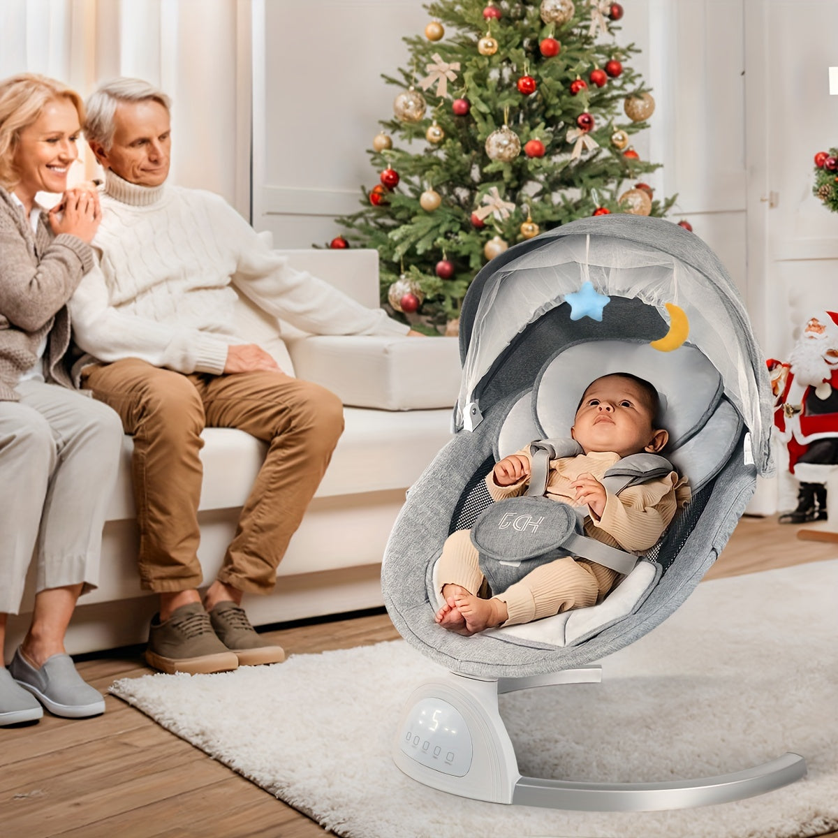 1pc Grey Aluminum Alloy Baby Swing Chair with Speaker, 5-Point Harness, 5 Speeds, Remote Control - Portable Indoor/Outdoor Infant Swing, Easy Assembly