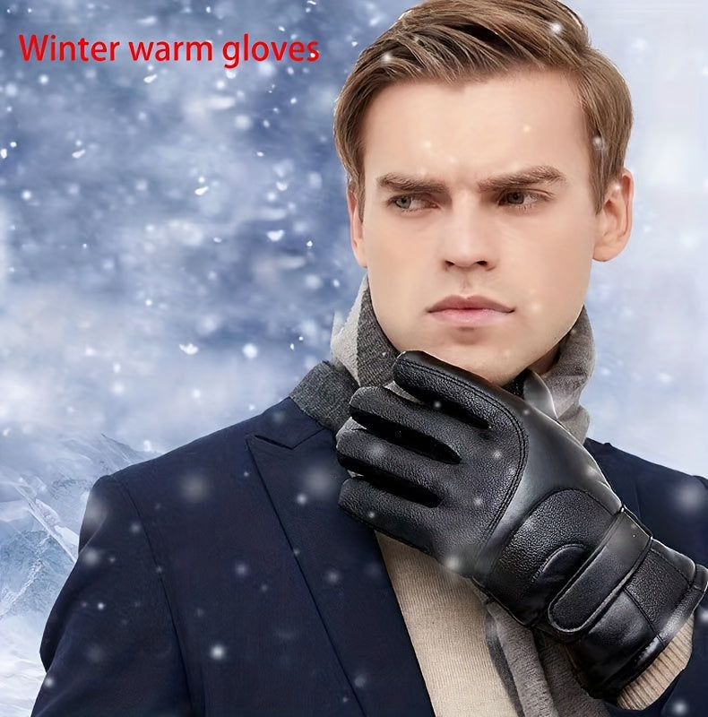 1 Pair Elegant Men'S Winter Gloves, PU Leather, 100% Polyester Fiber, black