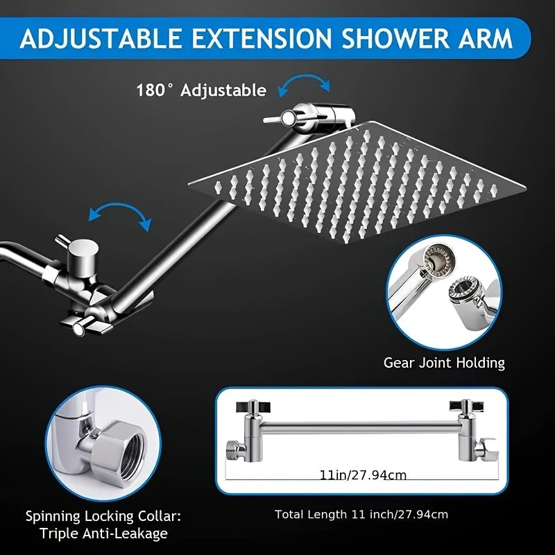 High-Pressure 8" Rainfall Shower Head Combo with Adjustable 11" Arm, 5-Setting Handheld Spray, Stainless Steel, Polished Finish - Includes Long Hose for Easy Installation