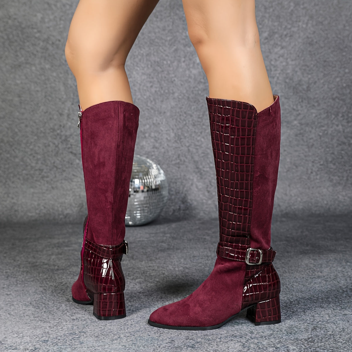 Wine Red Mid Heeled Boots - Knee High Boots with Side Zippers - Winter Plush Knight Boots