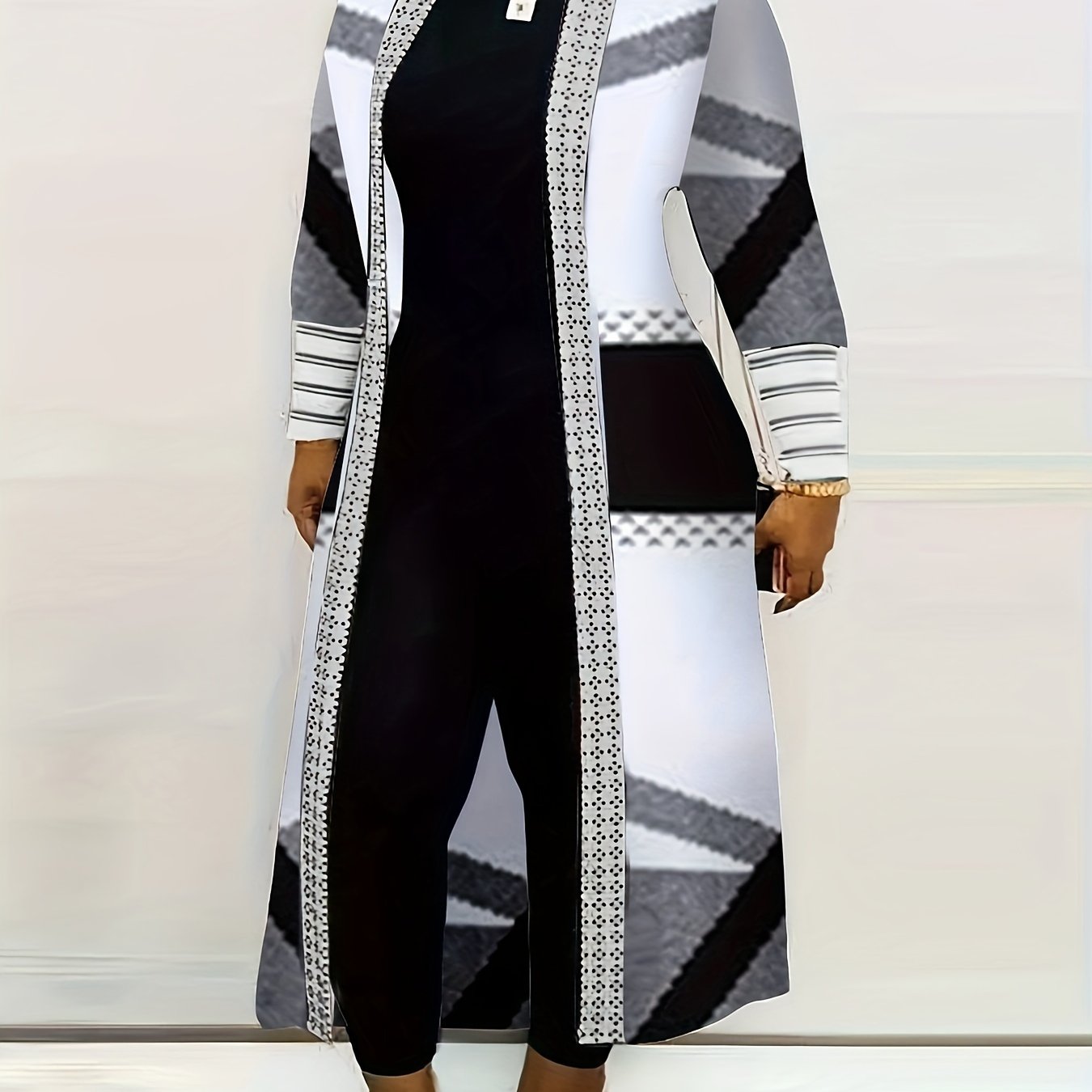 Women's Plus Size Geometric Print Open Front Cardigan - Casual Long Sleeve, Lightweight Knit Coat