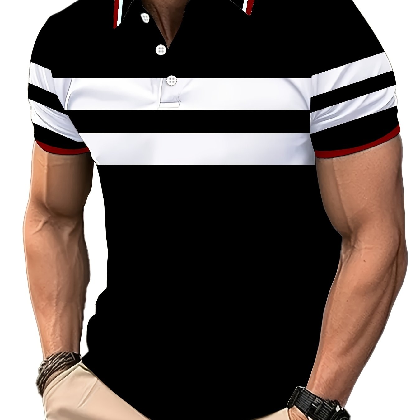 1pc Men'S Summer Casual Polo Shirt - Striped Short Sleeve - 100% Polyester