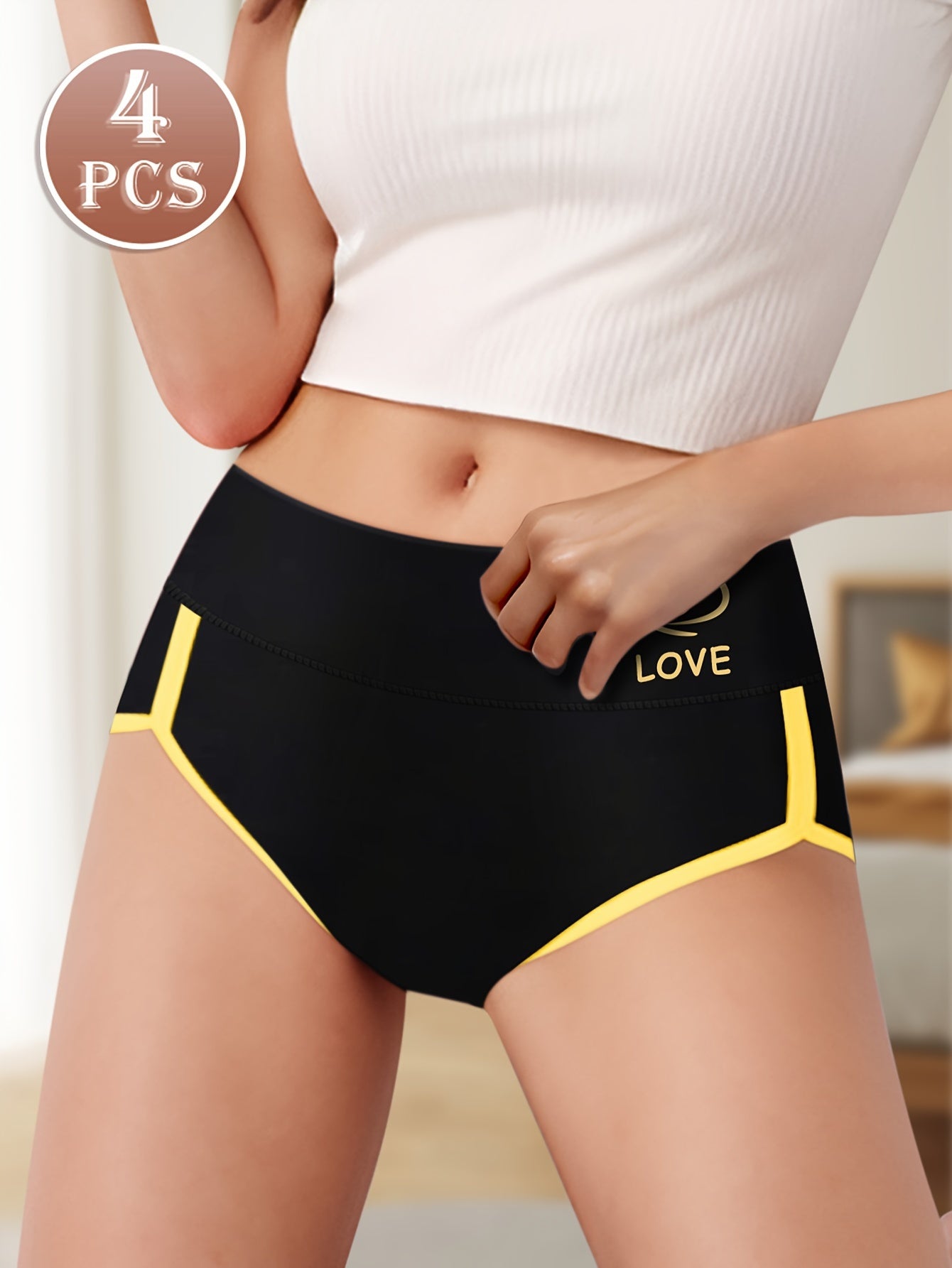 4pcs Women'S Mid-Rise Briefs, Elegant Polyester and Elastane Knit Fabric Underwear, Color Block Design with Tummy Control