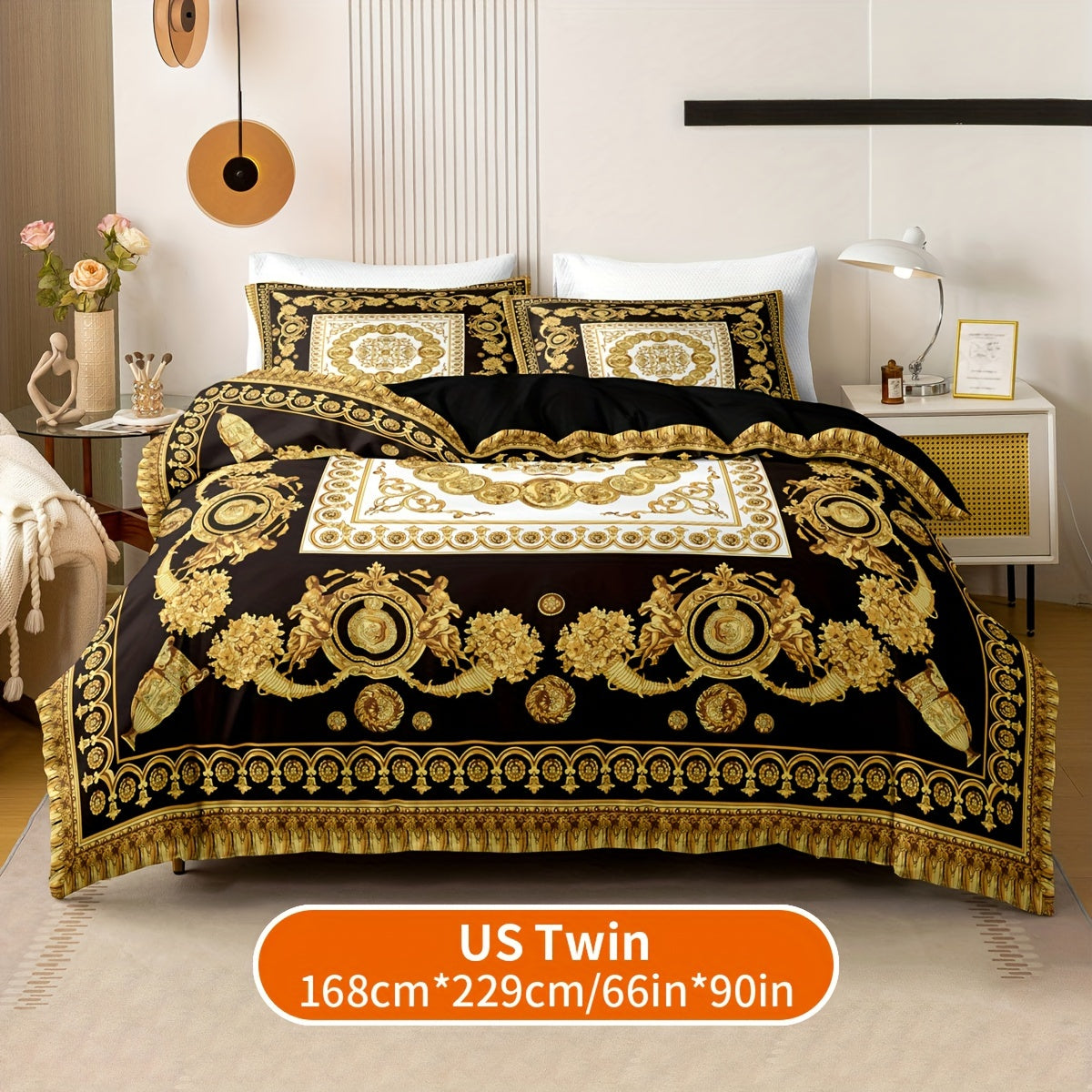 3 Pieces Luxury Black & Golden Digital Printed Duvet Cover Set with Pillowcases - Suitable for EU Single, EU Double, US Twin, US Full, US Queen, US King, and US Super King Beds - Machine Washable, Zipper Closure, 90g Polyeste