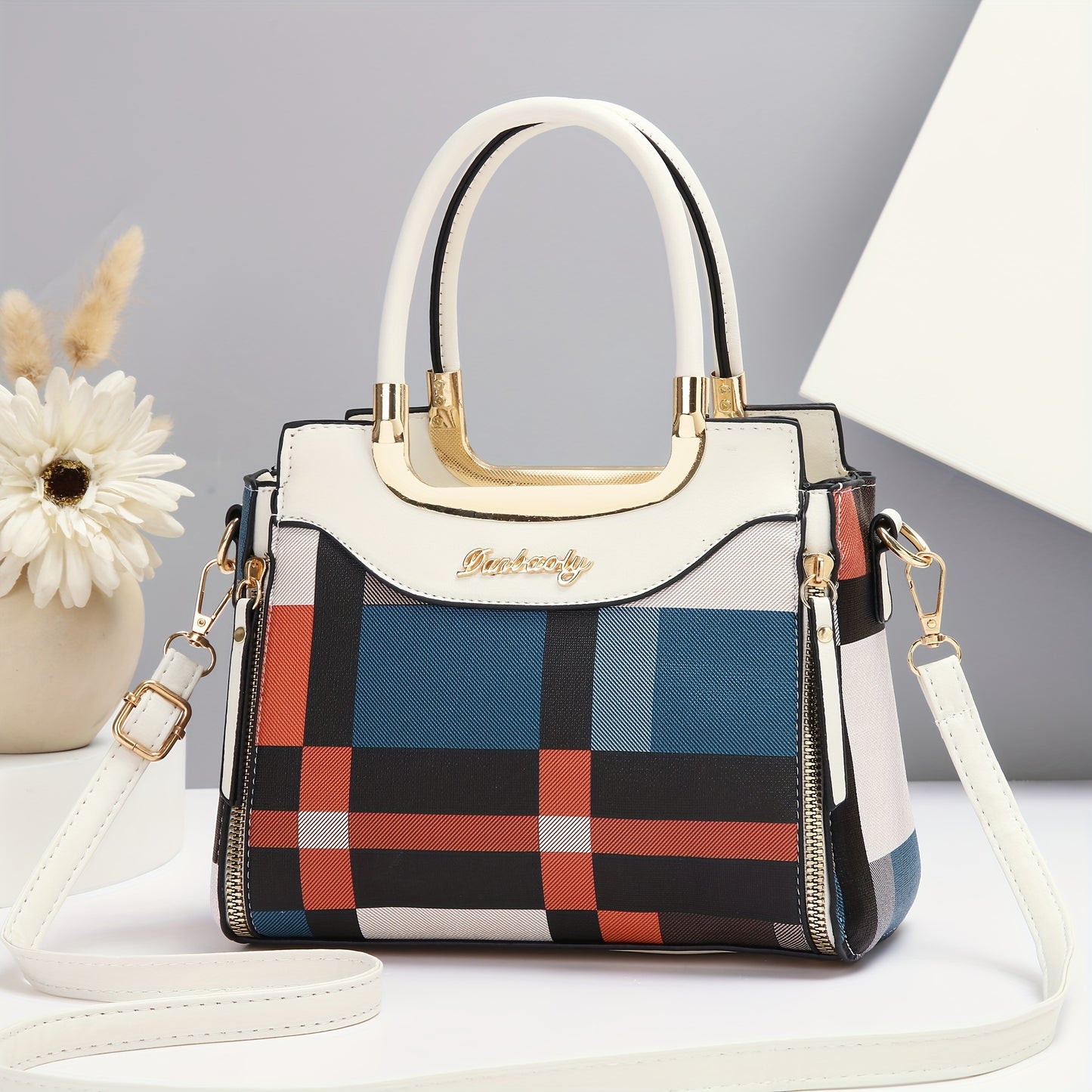 [1pc Chic Women'S Fashion Handbag] Elegant Faux Leather Plaid Top-Handle Bag with Adjustable Strap and Zipper Closure,