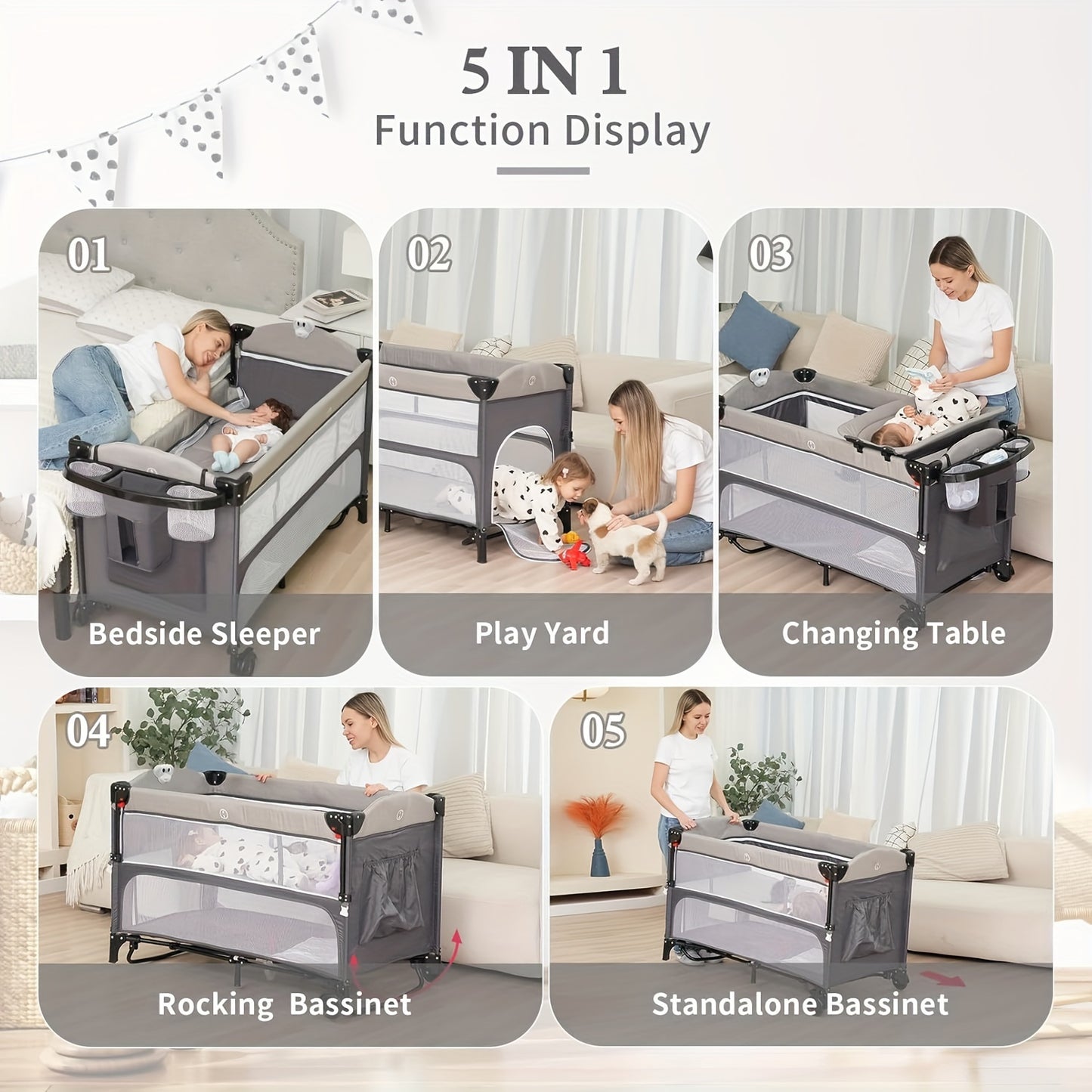 5 In 1 Baby Bassinet Bedside Sleeper - Beside Bassinet With Diaper Changer, Mattress, Bedside Crib With Storage,