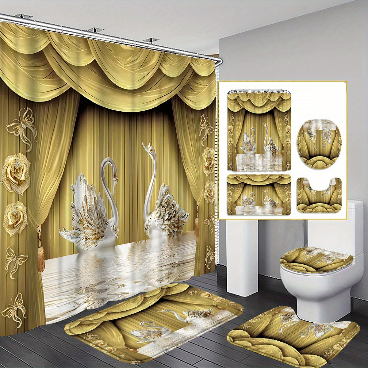 4pcs platinum swan shower curtain decoration, beautiful housewarming gift,  waterproof shower curtain and toilet floor mat three piece set with 12 shower curtain hooks