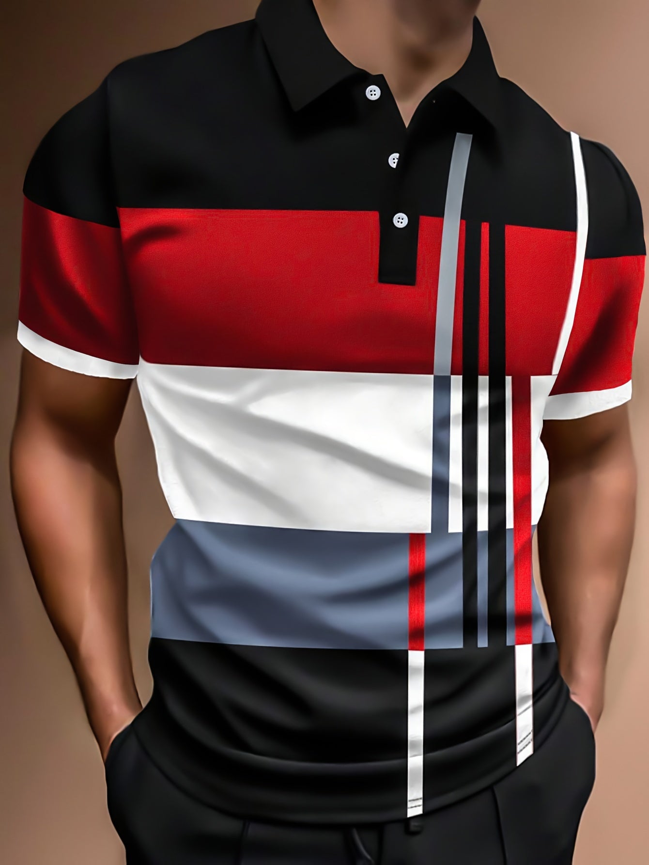 Mens Geometric Pattern Short Sleeve  Golf T-Shirt - Polyester Fabric, Machine Washable, Regular Fit, Casual Style - Perfect for Summer Outdoor Sports and Tennis