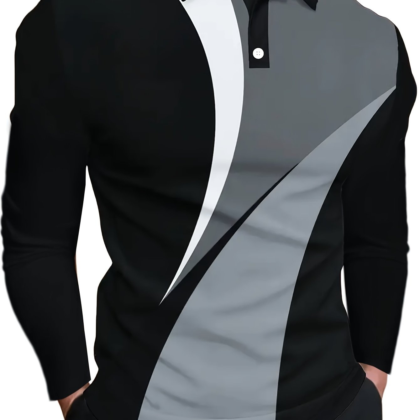 Men'S Color Block Long Sleeve Golf Shirt, Casual Lapel Collar, 100% Polyester Knit Fabric,