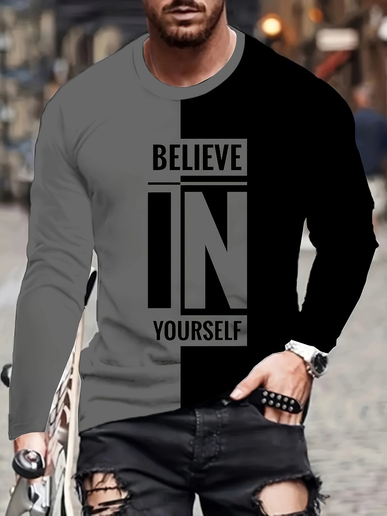 Men's Long Sleeve Crew Neck T-Shirt - 100% Polyester Casual Pullover with Graphic Print, Slight Stretch Fabric for Daily & Sports Wear, Comfortable Knit Tops for Adults and Teens in Spring/Summer/Fall