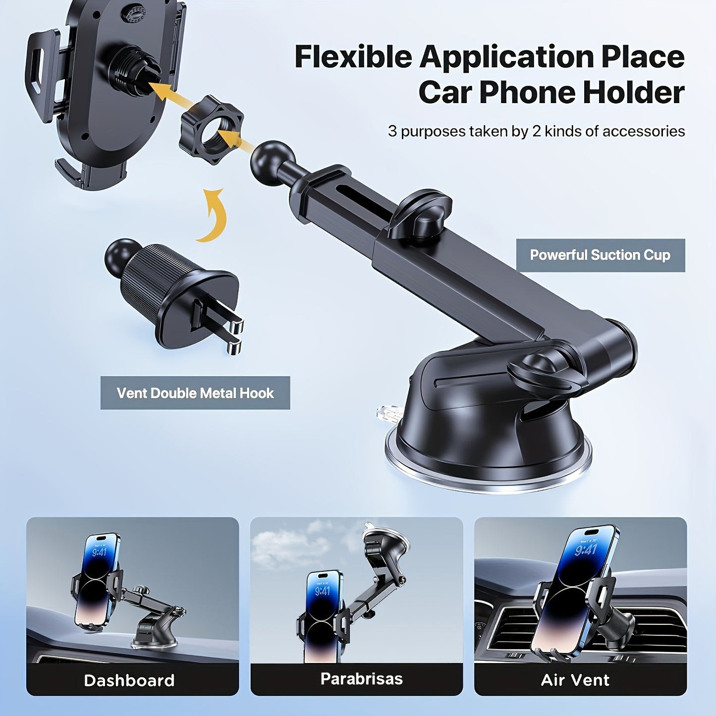 Miracase 3-in-1 Car Phone Mount - Super Suction Dashboard & Air Vent Holder with Telescopic Arm, Adjustable Cradle for All Phones, Quick Release, Durable Metal Hooks