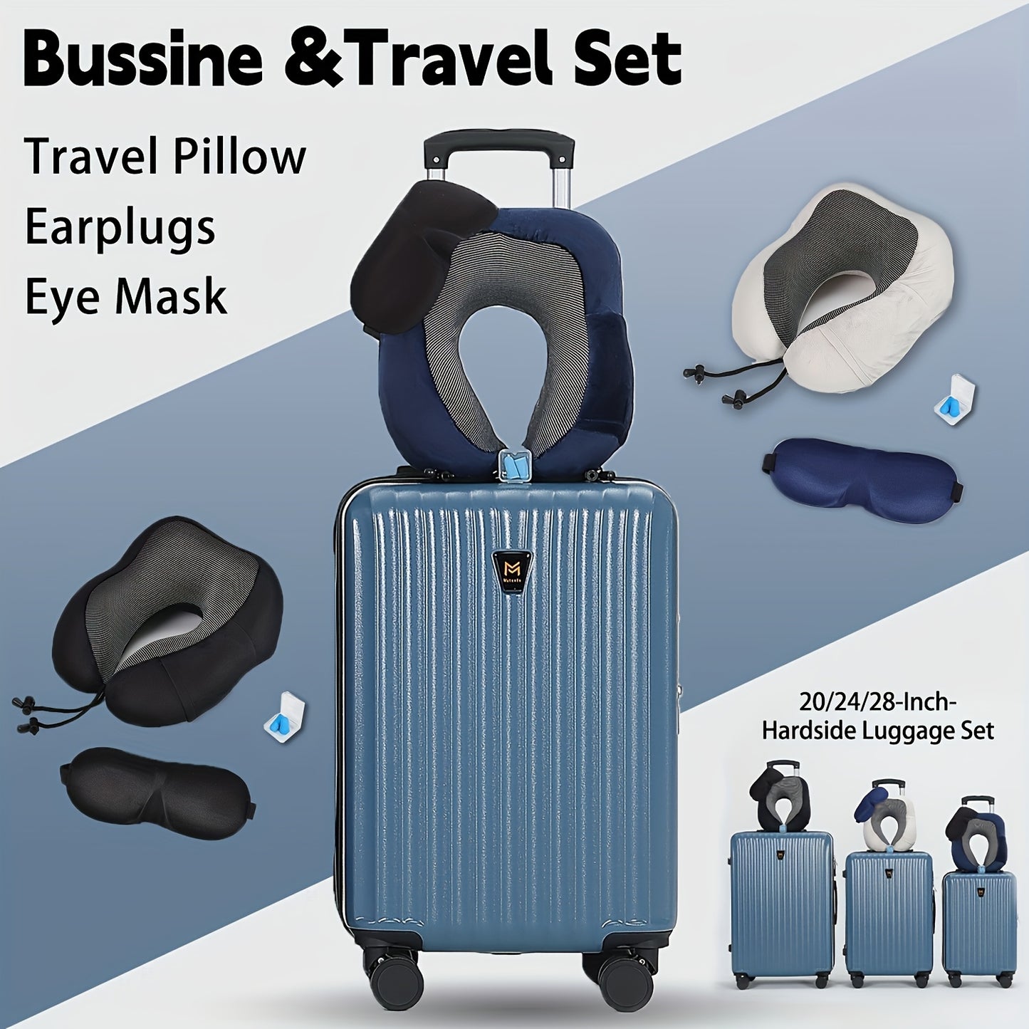 3pcs  Hardshell Travel Suitcase Set in Blue with U-Shaped Pillow - Durable, Expandable Rolling Luggage