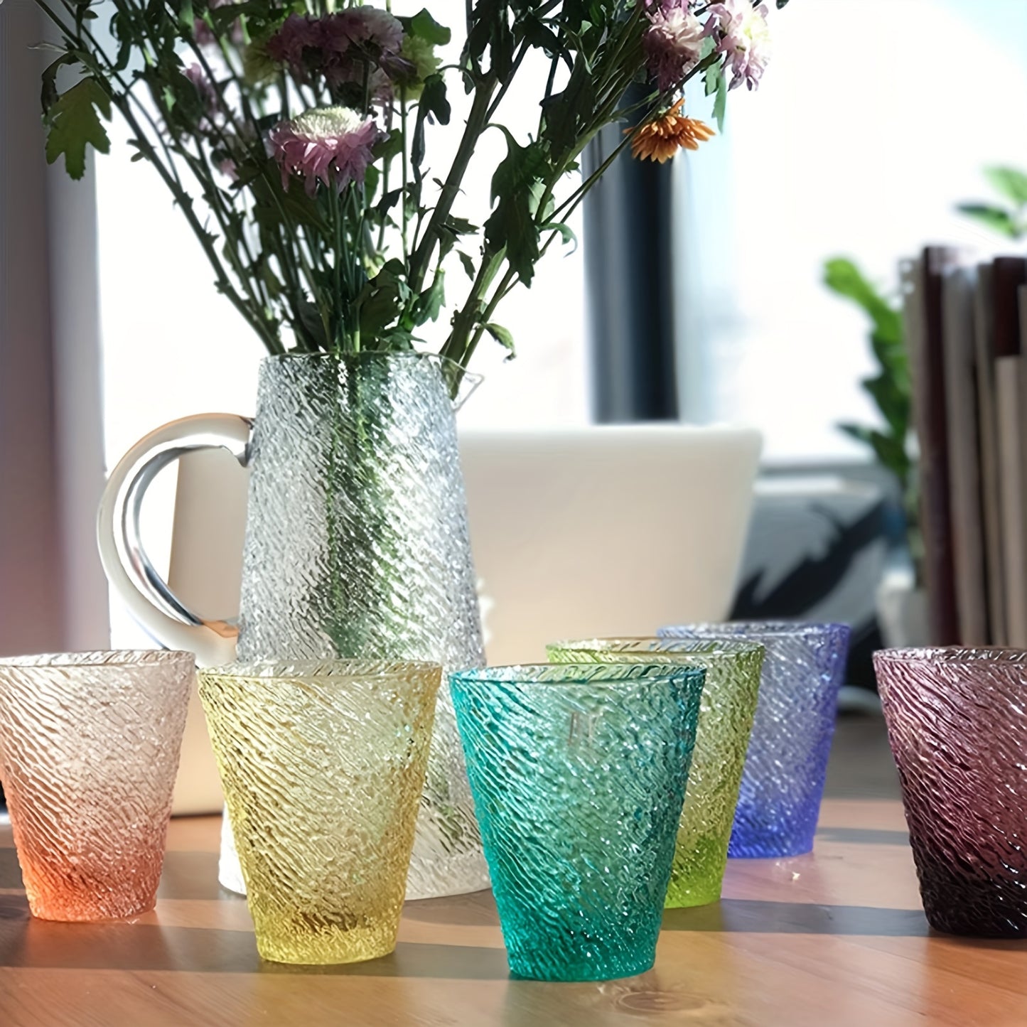 6pcs Colored Glass Cup Set, Handmade Creative Spiral Pattern Cup, Colorful Household Thickened Crystal Glass Water Cup, Beverage Cup Milk Cup Juice Cup Tea Cup, for Office, Kitchen, Cafe 300Ml/10Oz