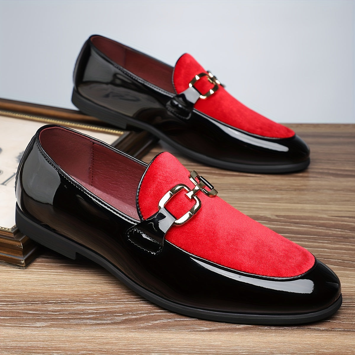 Men's Classic Loafers - Solid Color Slip-On Dress Shoes, PU Upper & Lining, Durable Rubber Sole, Red and Black