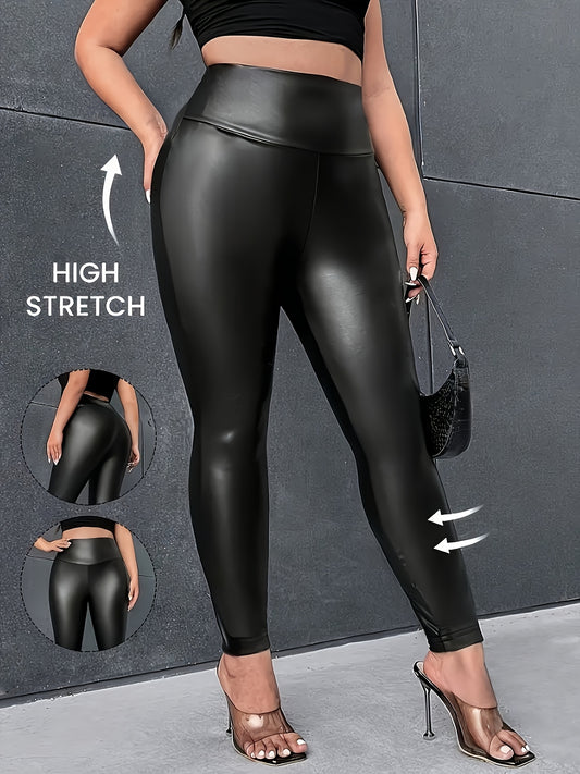 Women's High Waist Faux Leather Pants, Solid Color, Fashion.