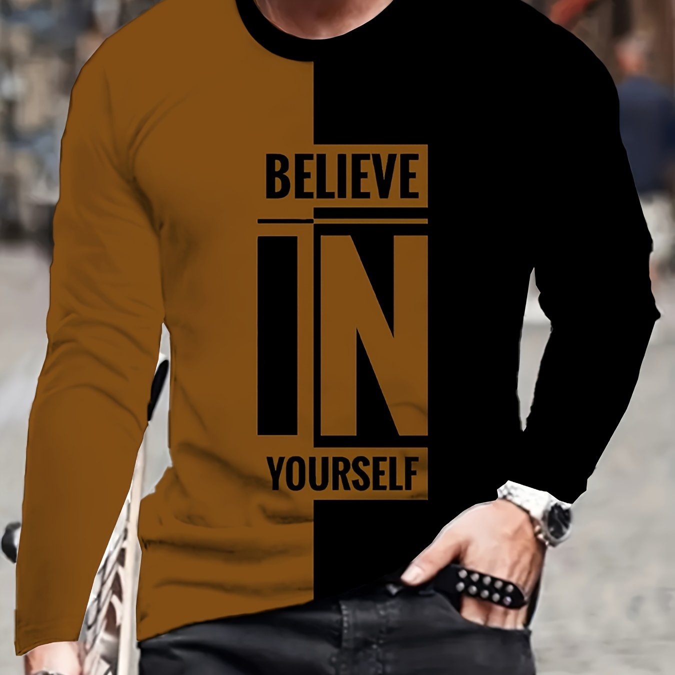 Men's Long Sleeve Crew Neck T-Shirt - 100% Polyester Casual Pullover with Graphic Print, Slight Stretch Fabric for Daily & Sports Wear, Comfortable Knit Tops for Adults and Teens in Spring/Summer/Fall