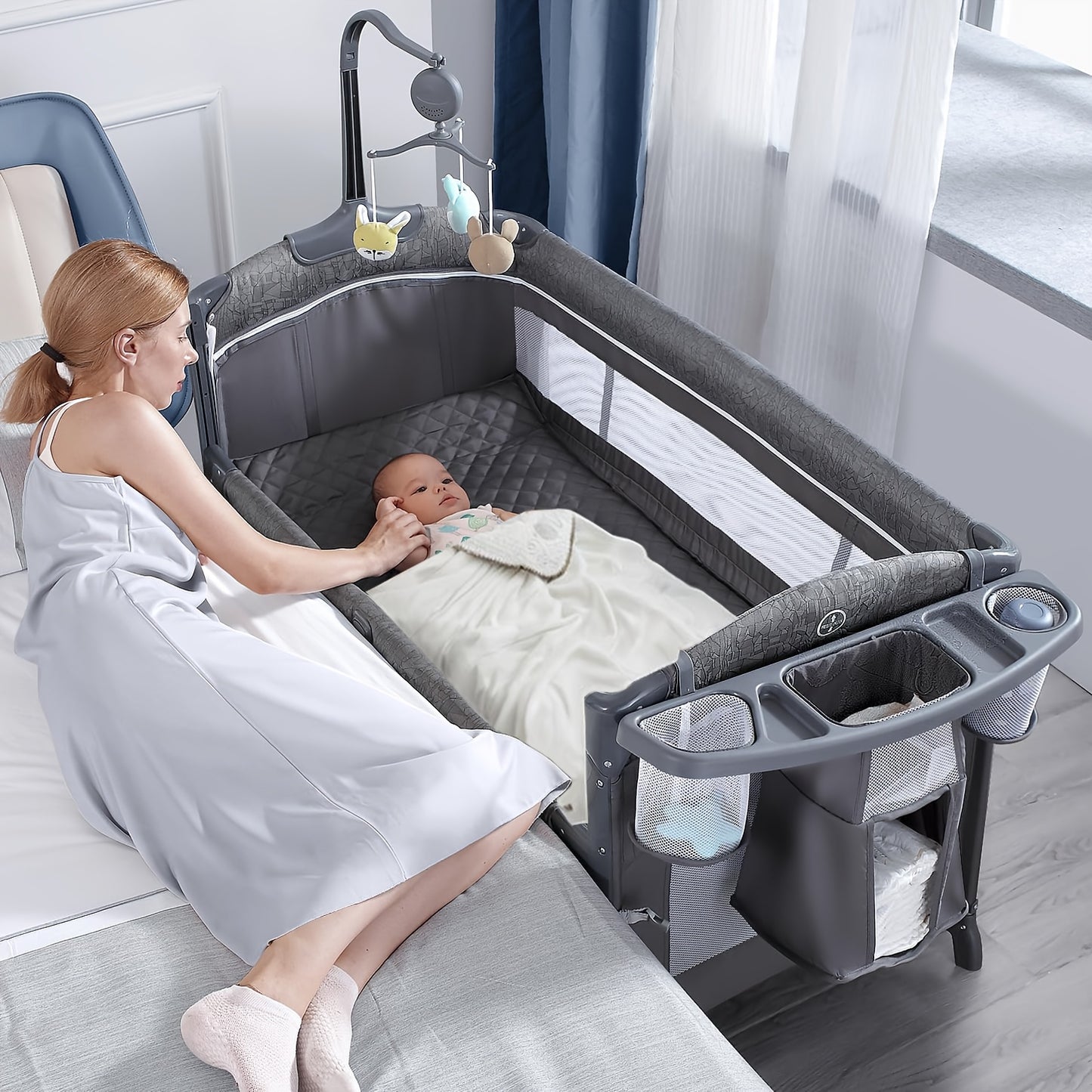 4 In 1 Wide Baby Bassinet Bedside With Diaper Changer,