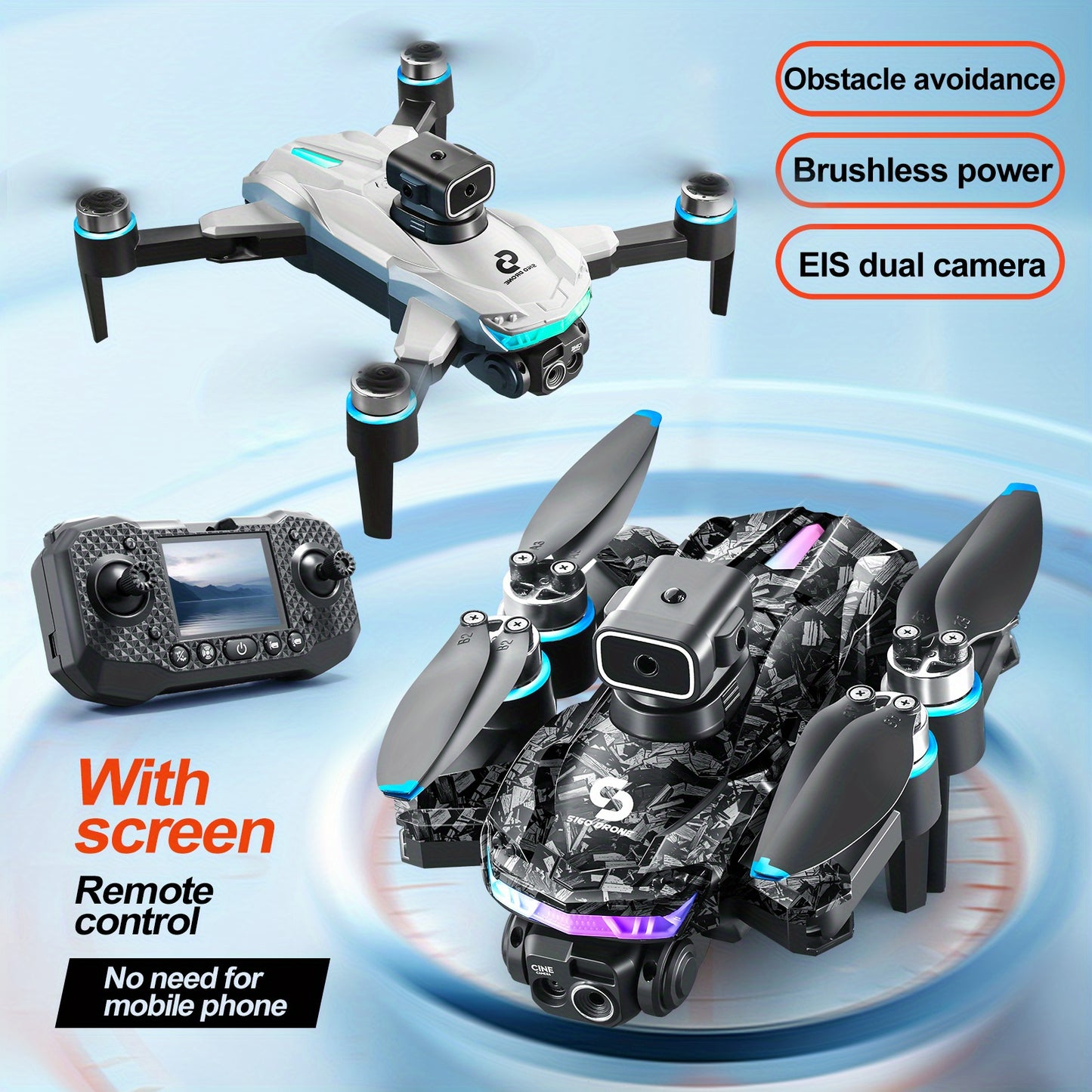 Dual Camera Drone with Remote Control, 480p Video, Obstacle Avoidance, 1-Axis Gimbal, USB Charging, 2000mAh Battery, 5905.51inch Max Control Range, 4724.41inch Max Altitude, 3m/s Max Speed, for Outdoor Quadcopter for Beginner