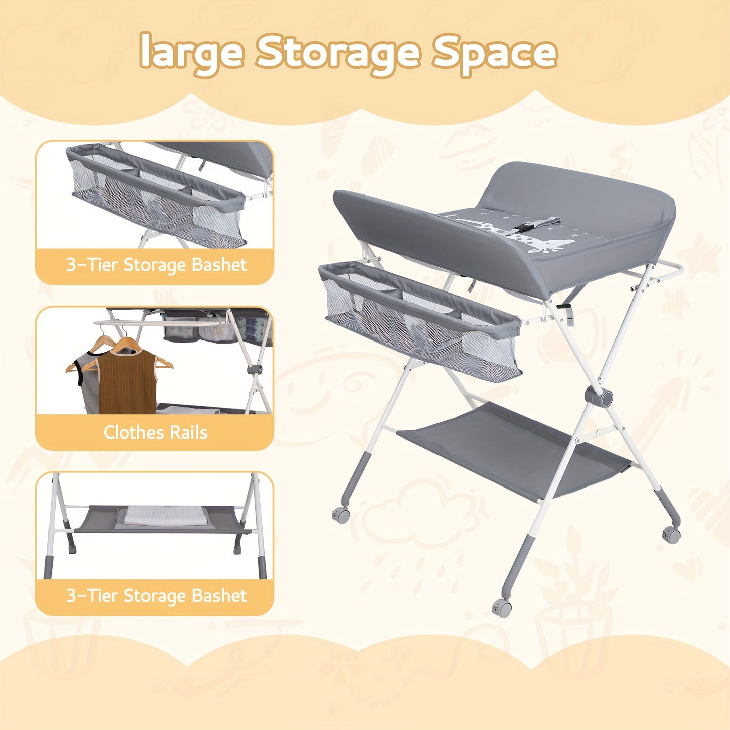 Baby Portable Folding Diaper Changing Station With Wheels, Adjustable Height Mobile Nursery.