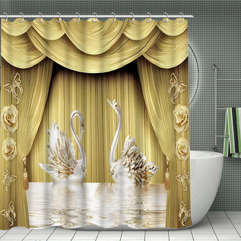 4pcs platinum swan shower curtain decoration, beautiful housewarming gift,  waterproof shower curtain and toilet floor mat three piece set with 12 shower curtain hooks