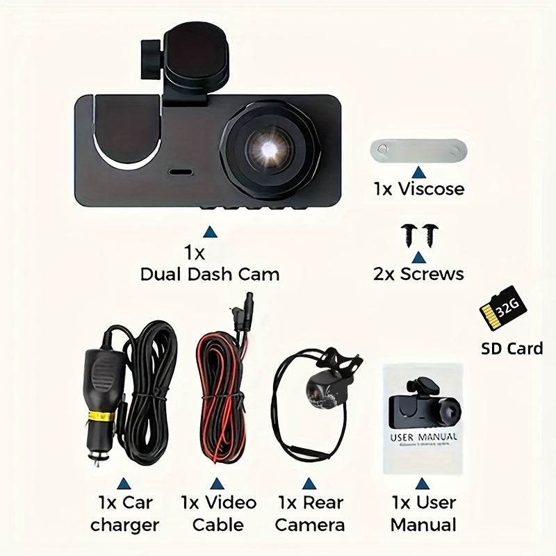 3-Channel Dash Cam, 1080P Full HD Car Camera Front Rear And Inside With Free 32GB SD Card, Dashcams For Cars With Night Vision, 24 Hours Parking Mode, WDR, G-Sensor, Motion Detection - Gift