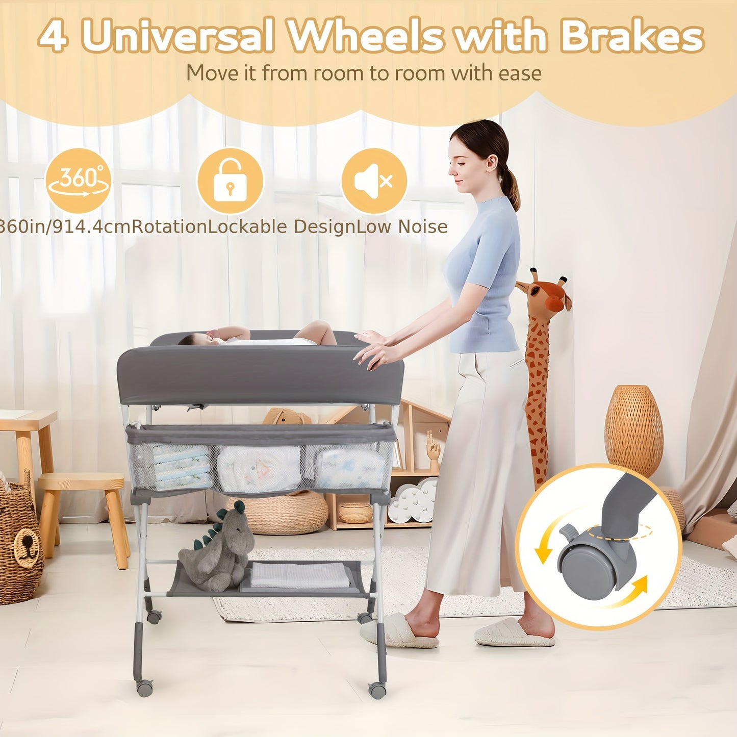 Baby Portable Folding Diaper Changing Station With Wheels, Adjustable Height Mobile Nursery.