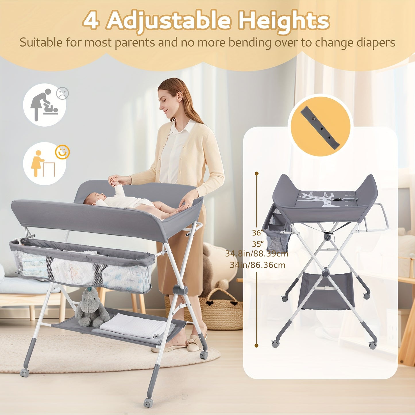 Baby Portable Folding Diaper Changing Station With Wheels, Adjustable Height Mobile Nursery.