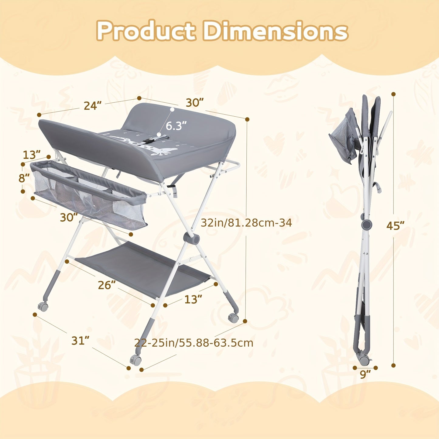 Baby Portable Folding Diaper Changing Station With Wheels, Adjustable Height Mobile Nursery.