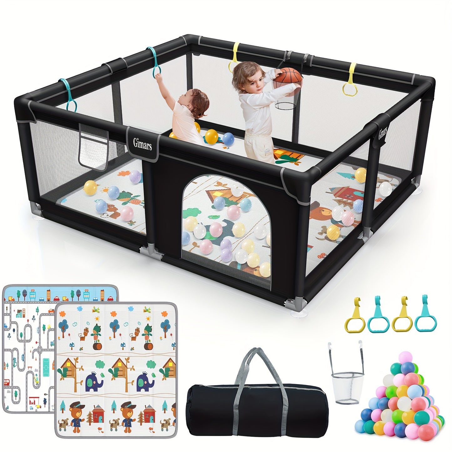 Youngsters Playpen, Large 50"x50" Fence with Padded Top Bar, Sturdy Safety Enclosure, Zippered Door for Outdoor Use, Black